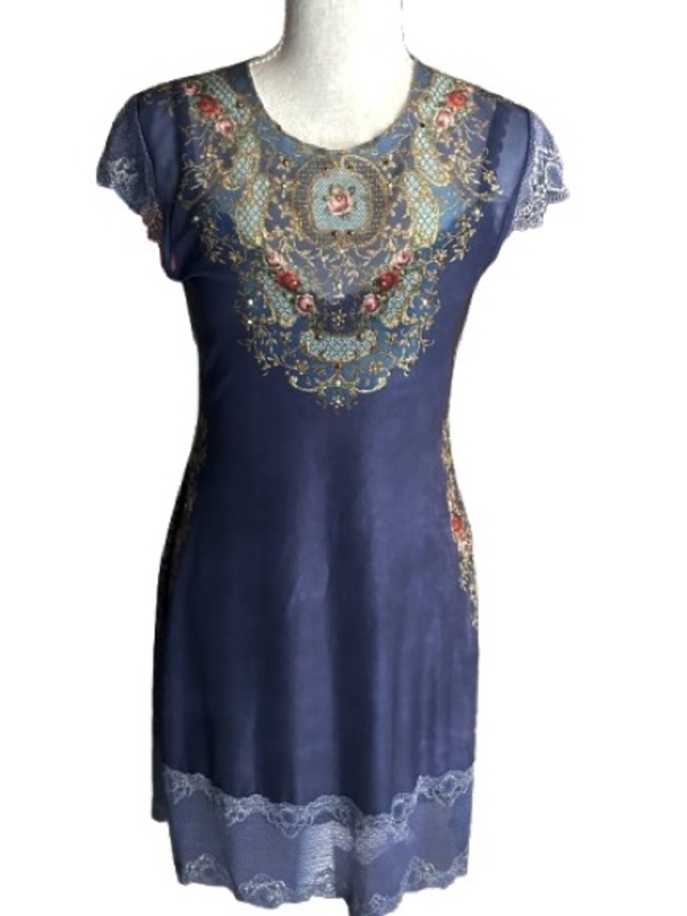 RARE! Michal Negrin Floral Crystal Mesh Overlay Illusion Designer Lace Y2K Small